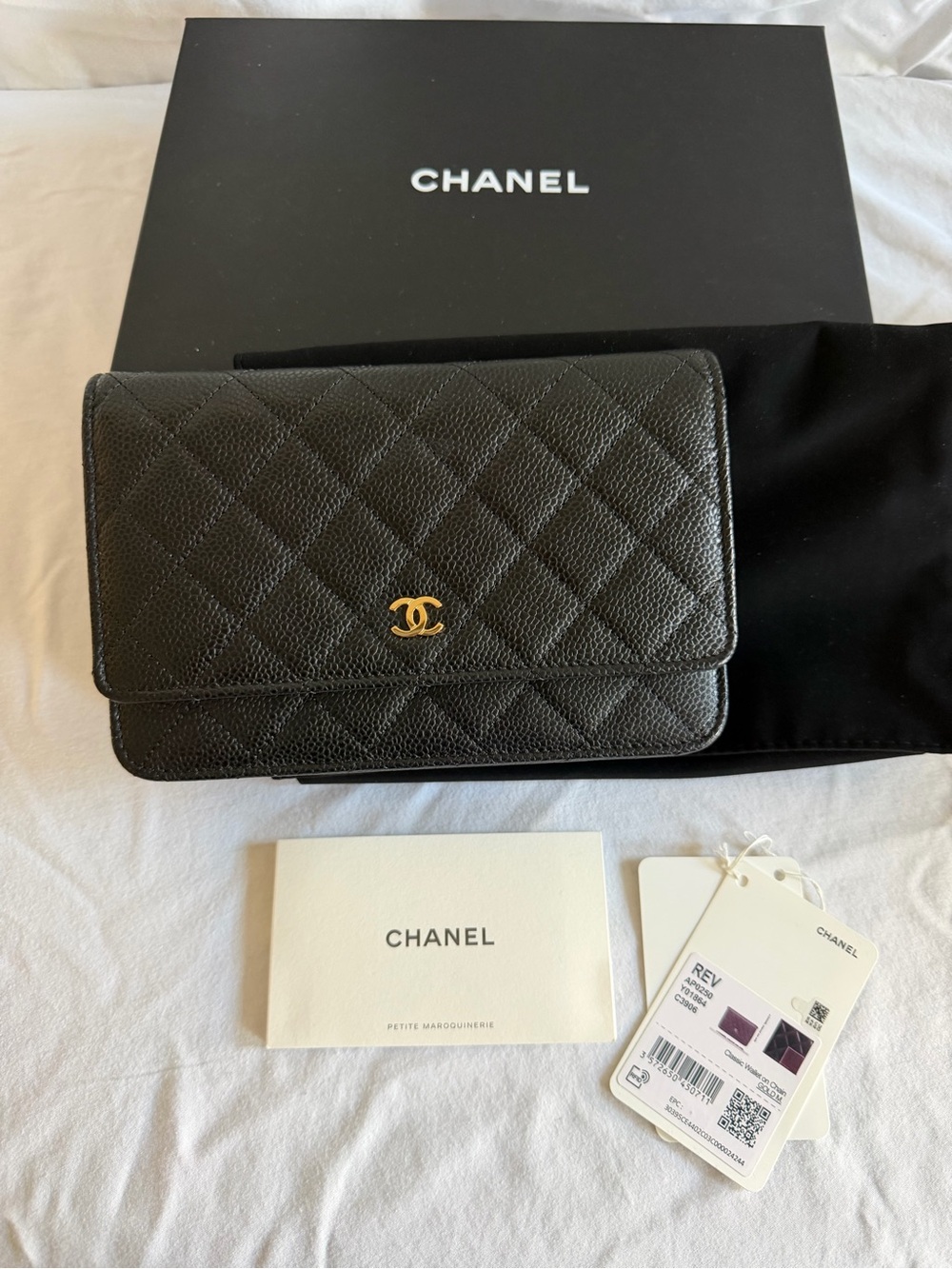CHANEL Black Quilted Caviar Leather Wallet On Chain with Gold Hardware